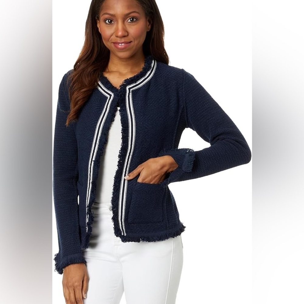 NIC+ZOE womens Ribbon Trim Fringe Mix Knit Indigo Blue White Trim Jacket Size 3X